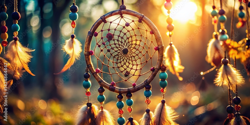 Obraz premium Dreamcatcher Photography: Boho Chic Decor, Handmade Native American Craft, Spiritual Symbol, Intricate Weaving, Close-up Detail