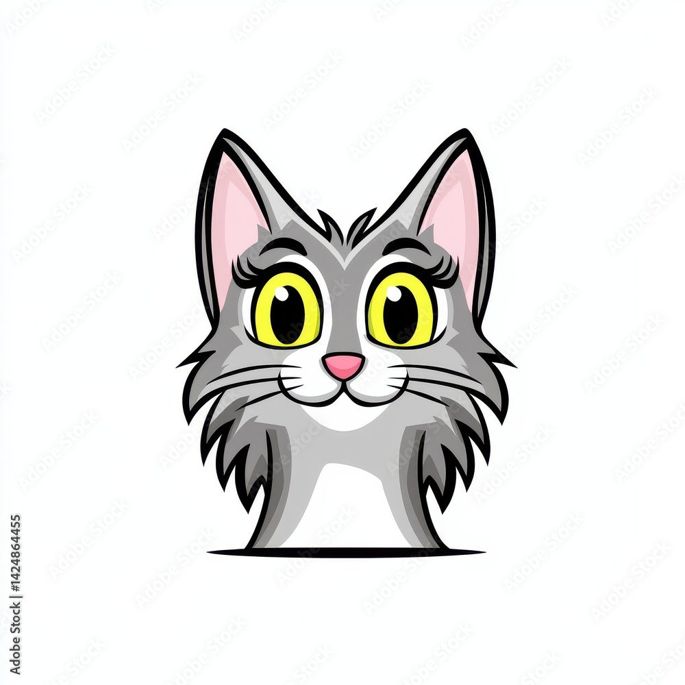 Obraz premium Illustration of a gray cat with bright yellow eyes and a playful expression