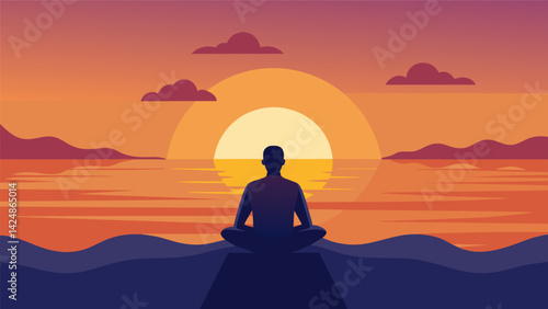 A calming view of the horizon the sun slowly dipping below the water as a figure meditates in the foreground..
