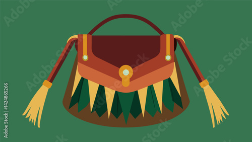 A bohemianstyle handbag crafted from upcycled leather jackets and fringe.. Vector illustration