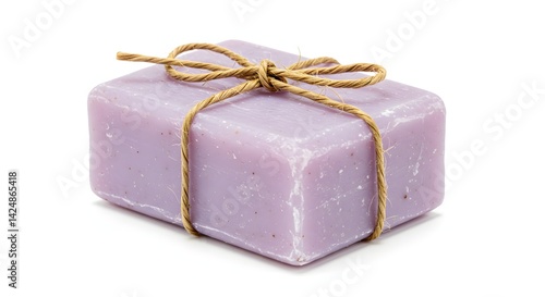 Lavender soap bar tied with twine on a white background creating a minimalist and clean aesthetic