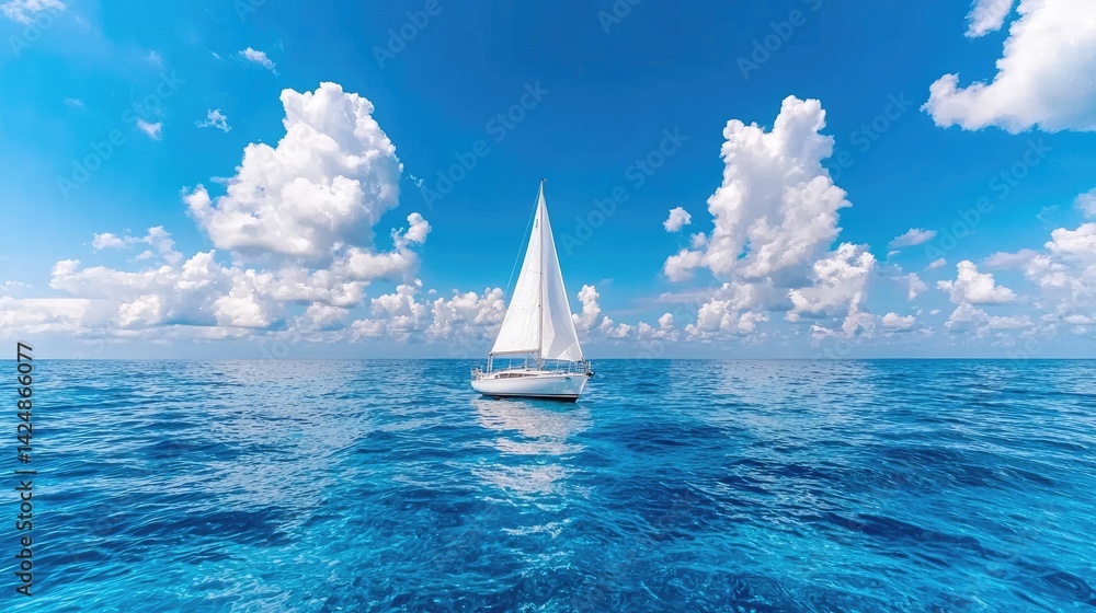 Obraz premium Tranquil sailboat on azure sea under a vast blue sky