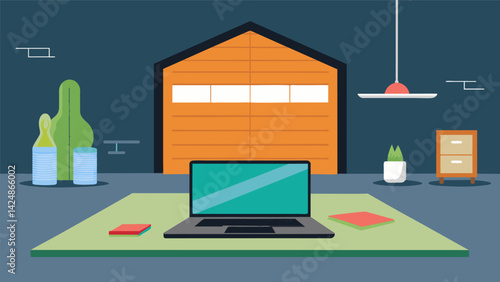 A makeshift yoga studio in the garage with a laptop playing a virtual yoga class for privacy..