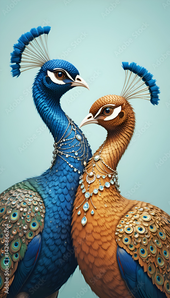 portrait of beautiful fashionable blue peacocks in diamond presious necklace against turquoise background. Digital art. Ai generated