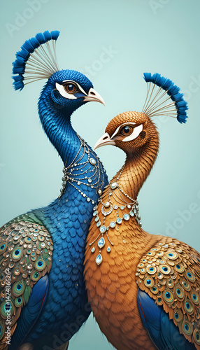 Obraz na płótnie portrait of beautiful fashionable blue peacocks in diamond presious necklace against turquoise background. Digital art. Ai generated w salonie