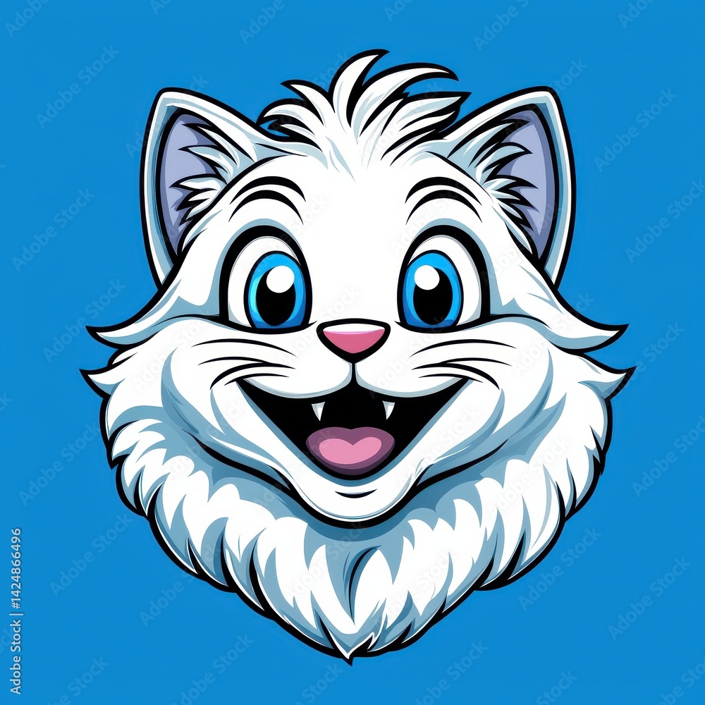 Obraz premium Cartoon cat face with large blue eyes and open mouth on bright blue background