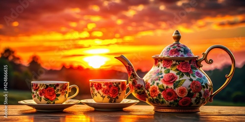 Elegant Silhouette of Floral Tea Set at Sunset - Stock Photo