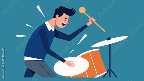A drummer trying out a used cymbal tapping it lightly and then hitting it with increasing force to test its durability.. Vector illustration