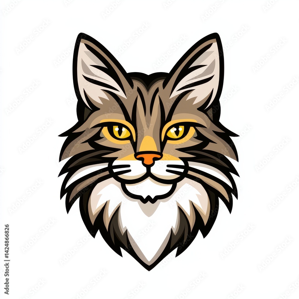 Obraz premium Cartoon illustration of a cat's face with yellow eyes and gray and brown fur