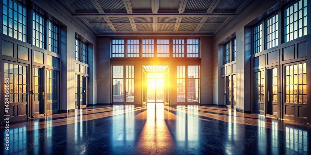 Empty Building, Large Windows, Open Door - High Depth of Field Stock Photo Empty Building, Large Windows, Open Door - High Depth of Field Stock Photo