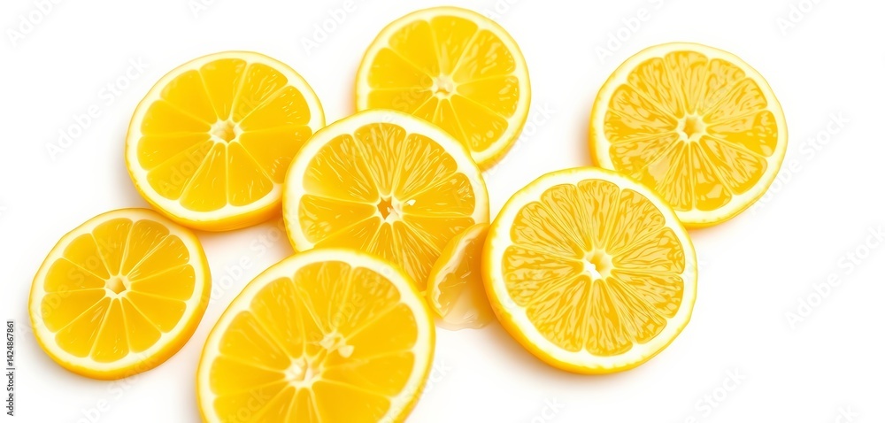 Vibrant yellow lemon slices, fresh and juicy, isolated on pure white background, simple, photography Vibrant yellow lemon slices, fresh and juicy, isolated on pure white background, simple, photography