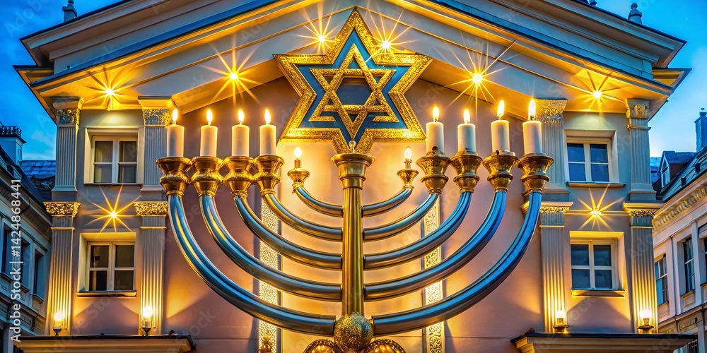 Obraz premium Festive Hanukkah Architecture: Golden Menorah & Blue Star Decorated Building