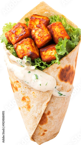 Delicious Paneer Wrap with Fresh Lettuce and Creamy Sauce Isolated Photo