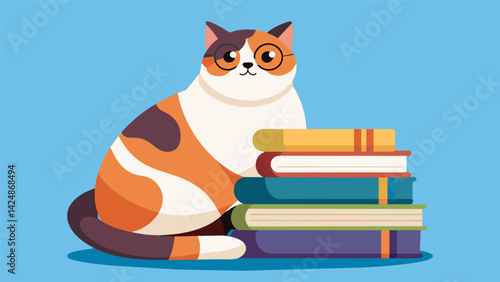 A chubby calico cat resting on a stack of biographies its eyes wide with wonder at the stories within.. Vector illustration