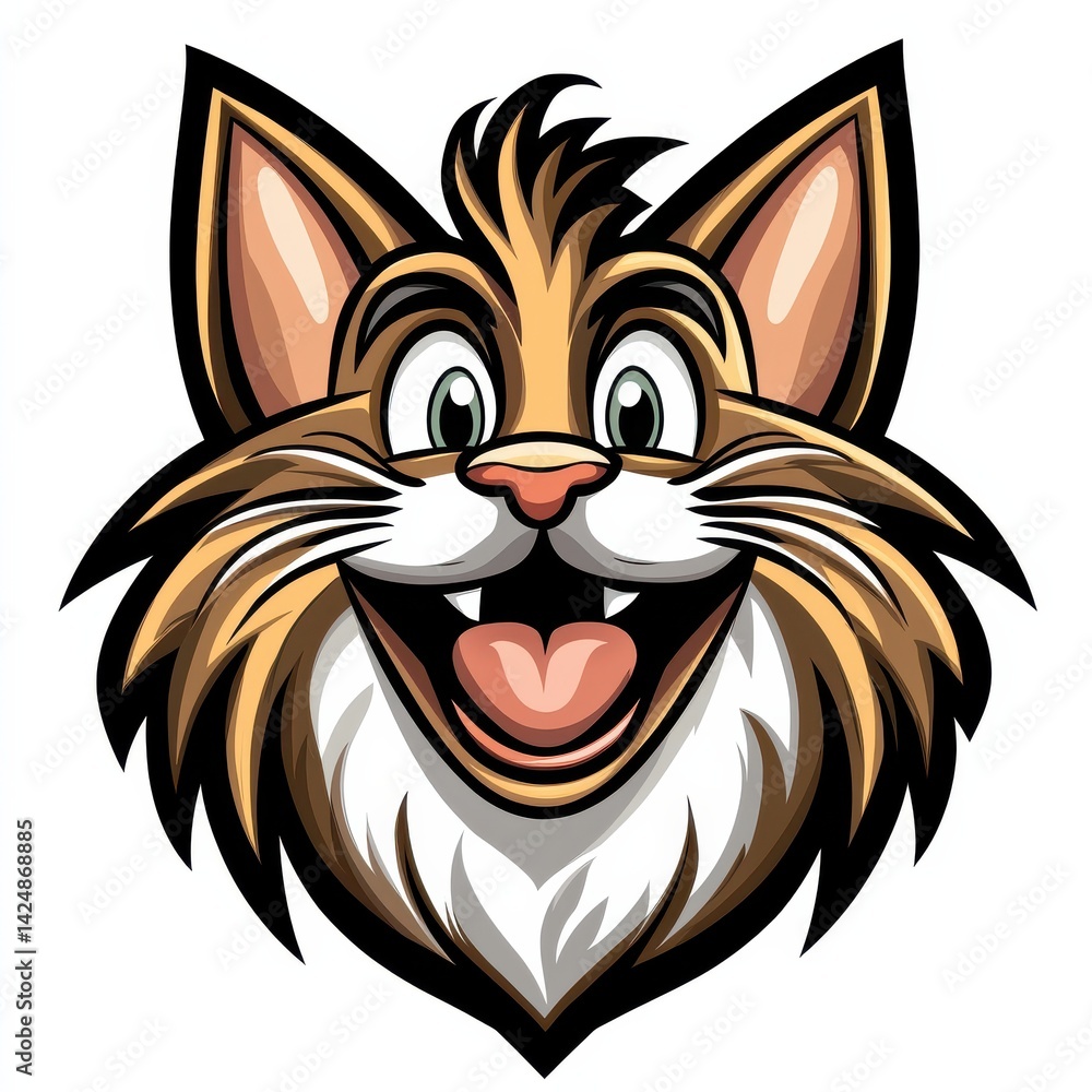 Obraz premium Cartoon cat face with large eyes, fluffy cheeks, and open mouth on white background