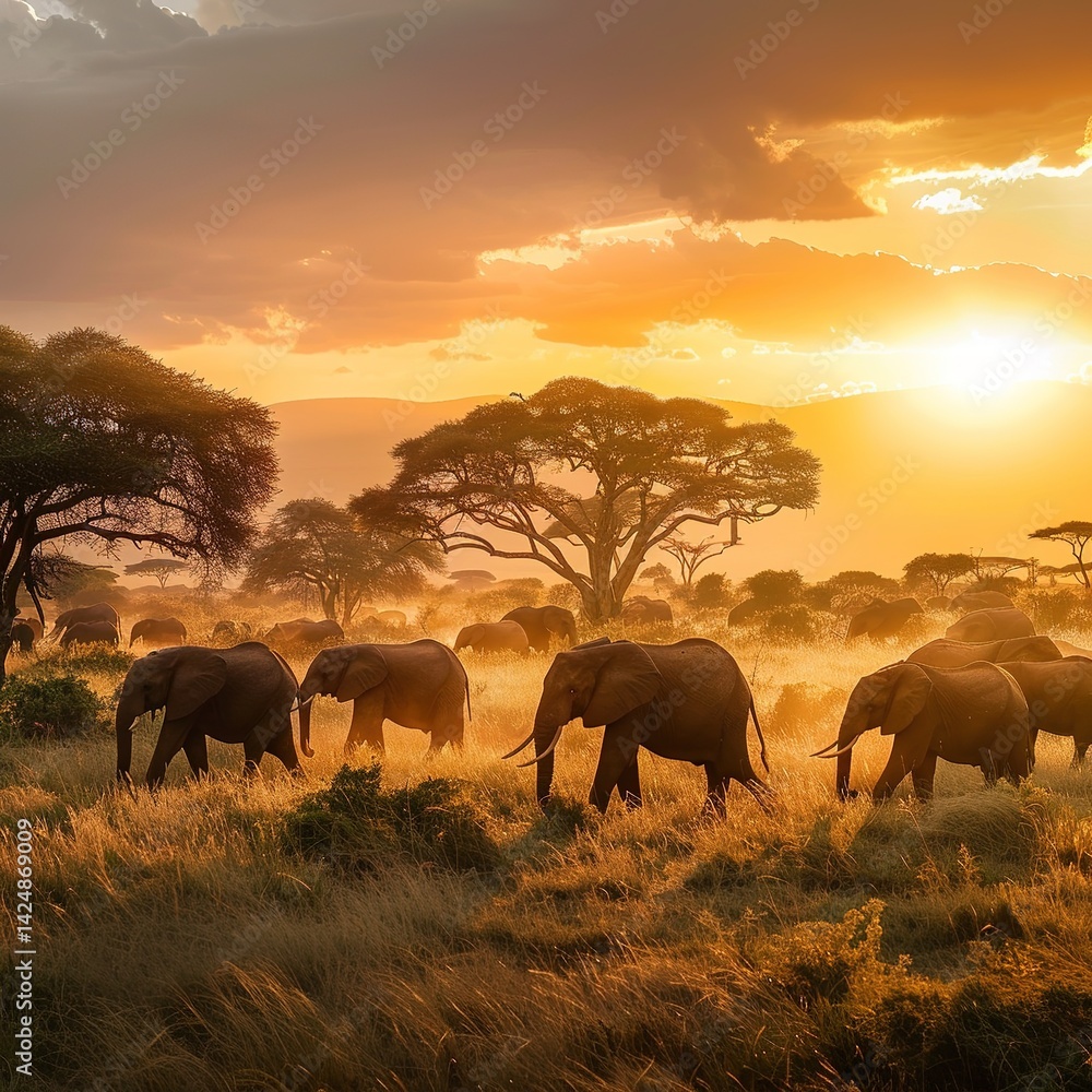 Obraz premium elephants at sunset