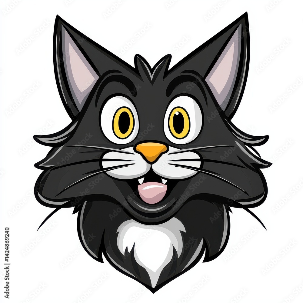 Illustration of a playful cat with dark gray fur and yellow eyes Illustration of a playful cat with dark gray fur and yellow eyes