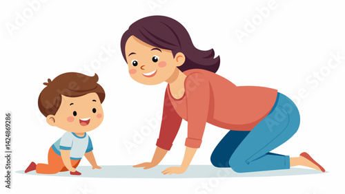 A toddler gleefully crawling under their mothers bridge pose while she encourages them with a smile.. Vector illustration