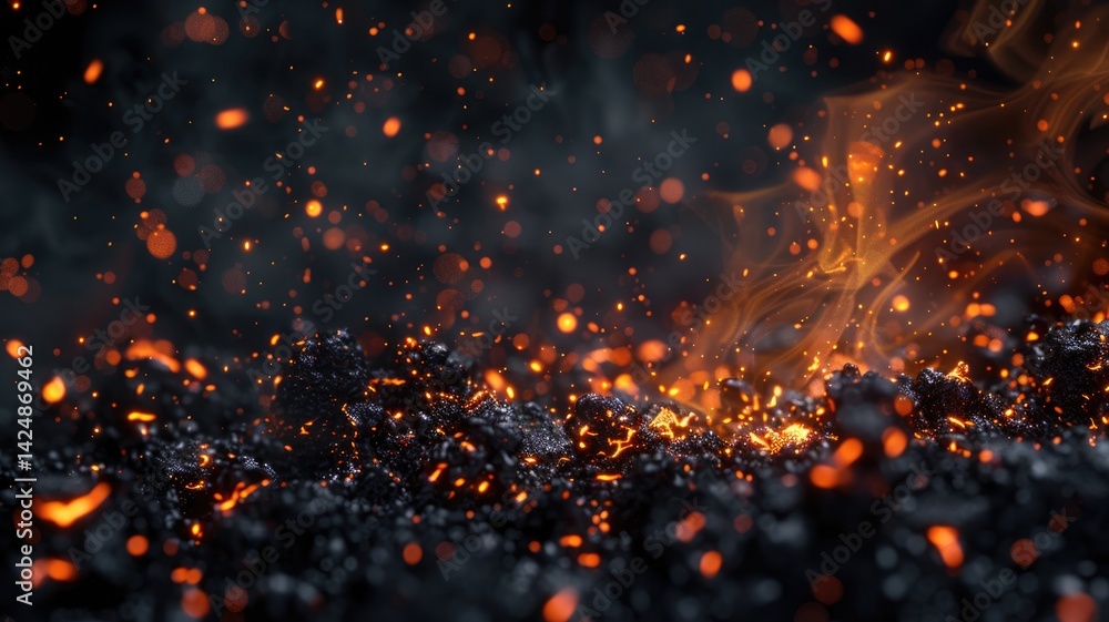 Fototapeta premium Close up image of glowing embers and flames. Macro photography of burning black coal with sparking flame. Fire and heat concept. Background image of glowing and flaming hot black charcoal. AIG53.