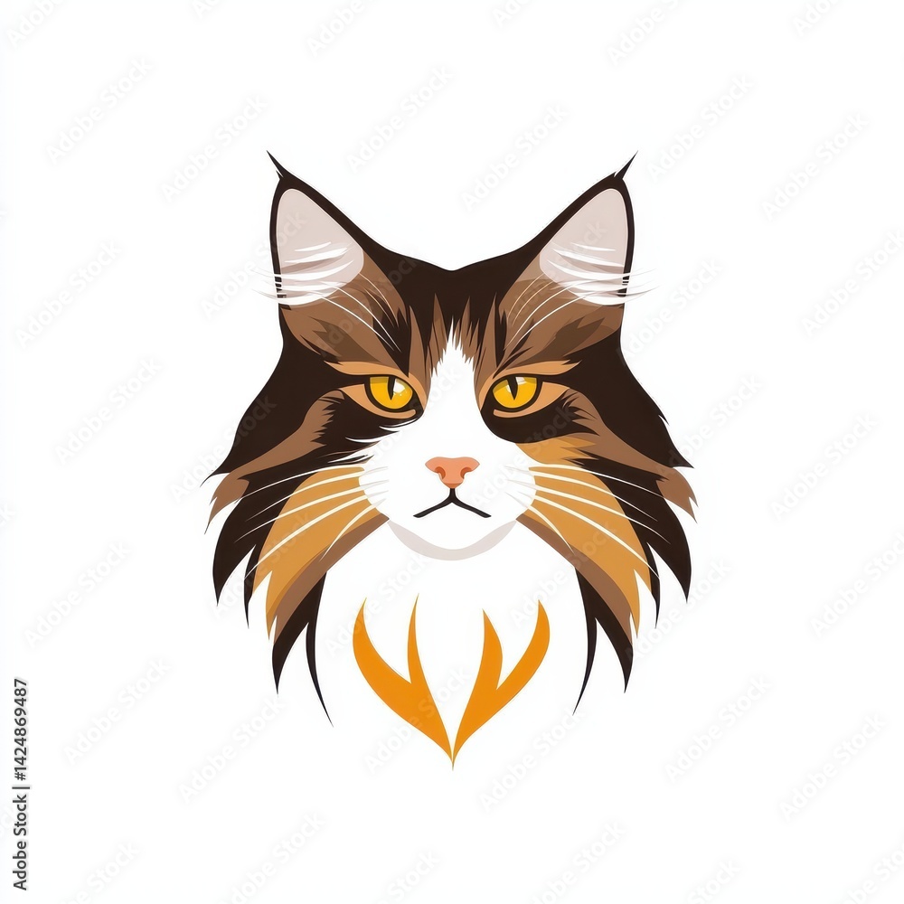 Obraz premium Cartoon illustration of a cat's face with dark brown and white fur, yellow eyes, and light orange whiskers