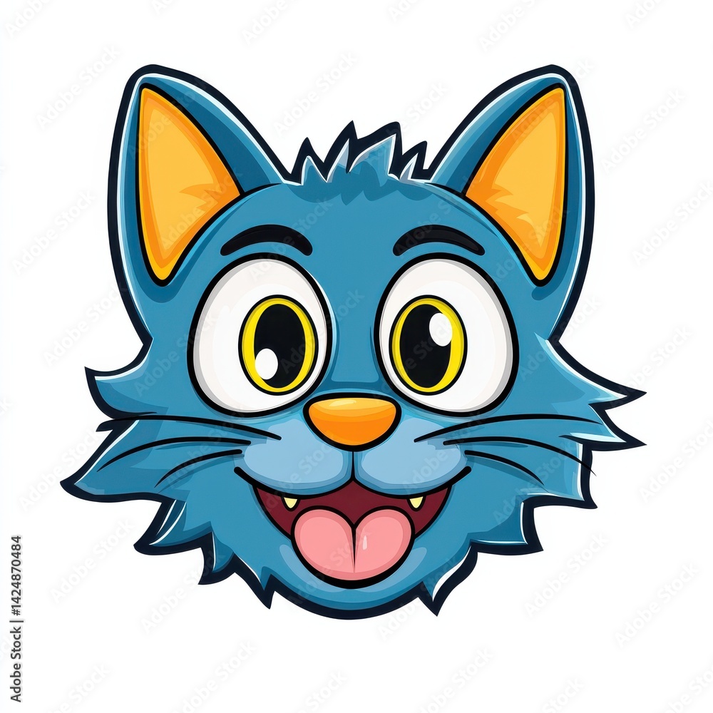 Cartoon cat face with blue fur, orange ears, and a playful expression Cartoon cat face with blue fur, orange ears, and a playful expression