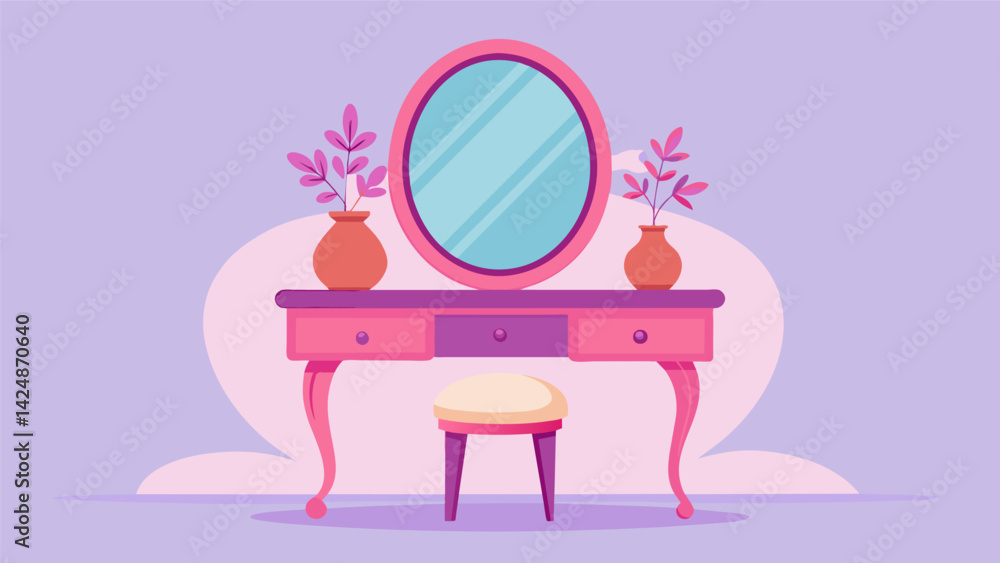 A charming vanity table with a large oval mirror and intricately carved legs seemed to beckon you to sit and explore its drawers.. Vector illustration A charming vanity table with a large oval mirror and intricately carved legs seemed to beckon you to sit and explore its drawers.. Vector illustration