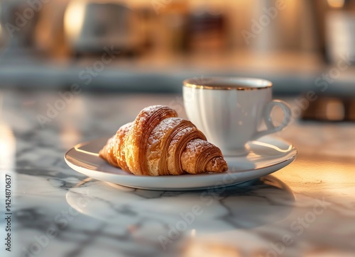 A Delicious Croissant with Coffee on a Marble Table
