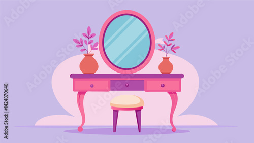 A charming vanity table with a large oval mirror and intricately carved legs seemed to beckon you to sit and explore its drawers.. Vector illustration