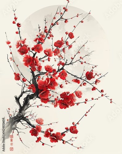Blooming Plum Branch with Full Moon in the Background
