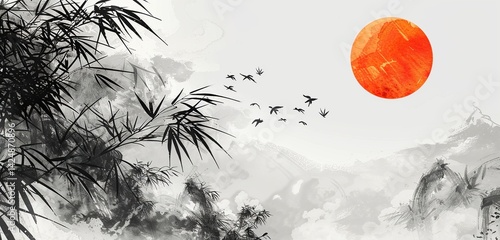 Black and White Ink Landscape with a Red Sun