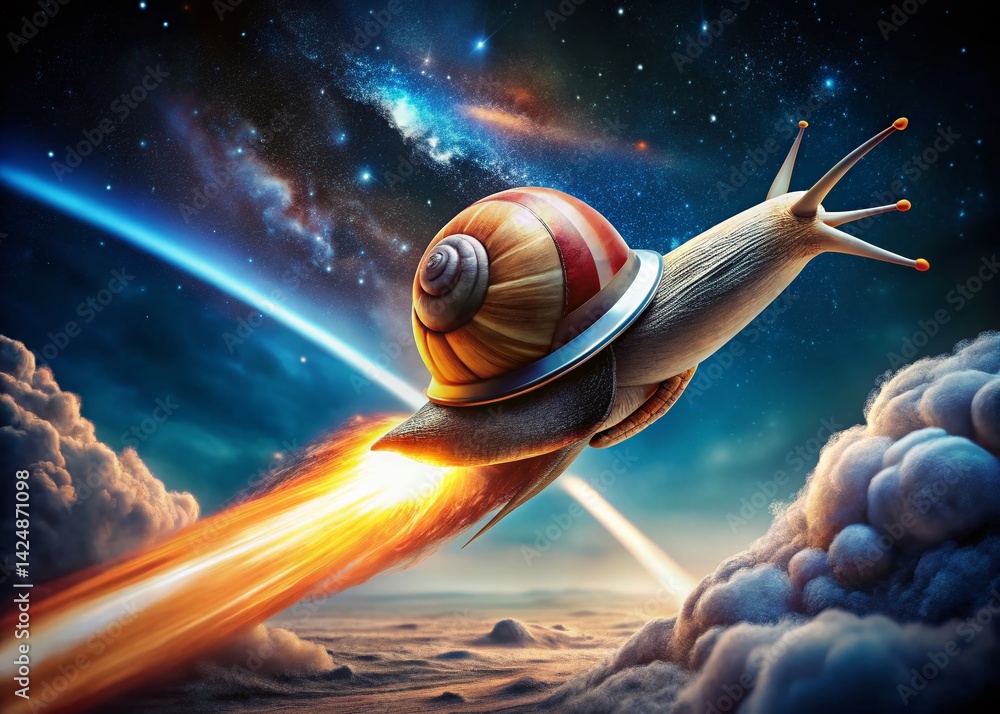 Obraz premium Futuristic Fashion: Snail Astronaut on Blazing Rocket
