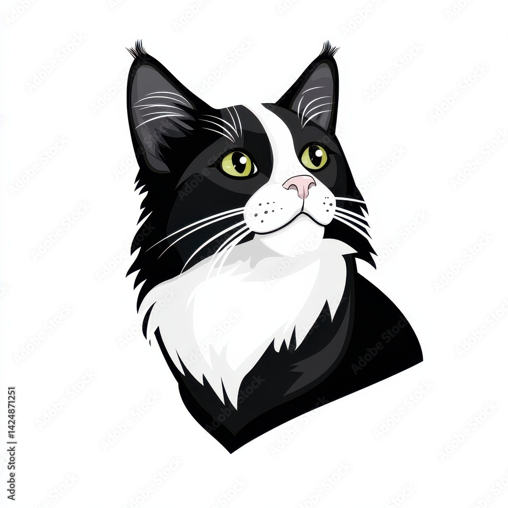 Obraz premium Stylized illustration of a cat's head with black and white fur and vivid green eyes