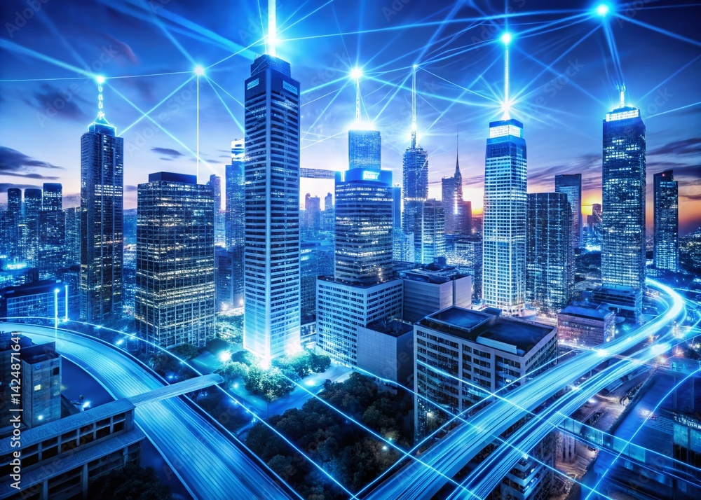 Obraz premium Futuristic Smart City: Glowing Blue Buildings & Pulsating Data Streams - Digital Cityscape Stock Photo