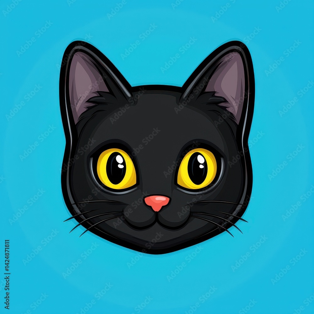 Obraz premium Cartoon illustration of a black cat with yellow eyes and pink nose on a blue background