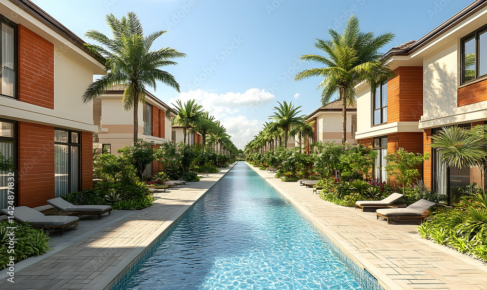 Fototapeta premium Serene tropical resort with a tranquil pool, surrounded by lush greenery and modern villas
