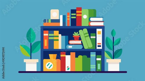 A bookshelf filled with used books stacked creatively as a sustainable decoration.. Vector illustration