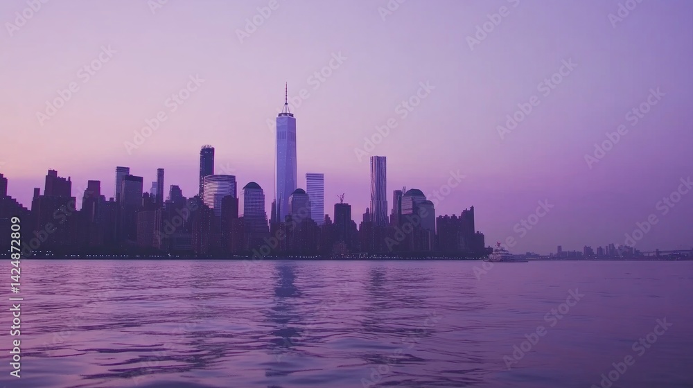 Fototapeta premium New York City skyline at dawn, bathed in lavender hues.