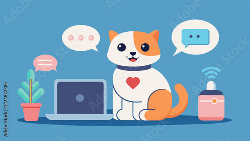 A virtual pet nanny that can communicate with your pet in their own language making them feel less lonely when youre out of town.. Vector illustration