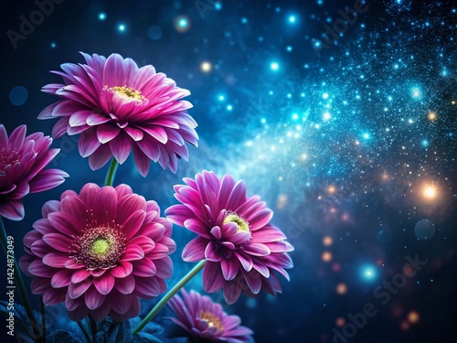 Glowing Pink Flowers Dark Blue Night Sky Sparkling Stars - Mystical Floral Portrait