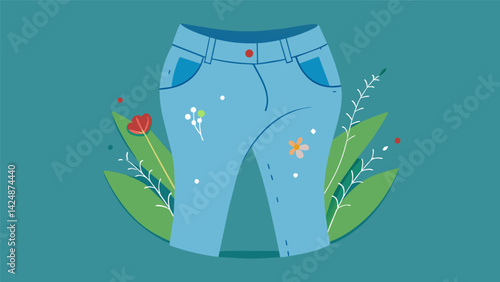 A display of maternity jeans made from upcycled denim and decorated with sustainable embroidery.. Vector illustration
