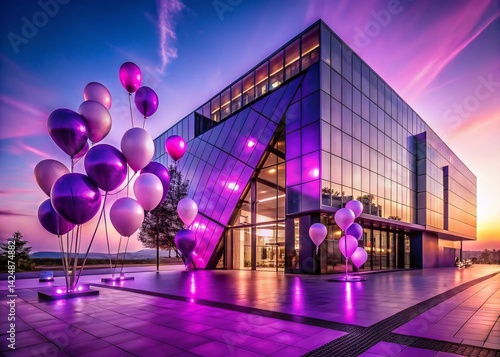Happy Birthday Purple Architectural Background: Modern Building with Purple Accents