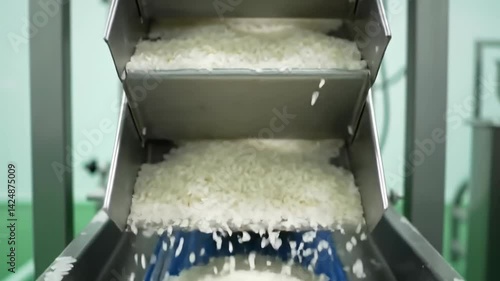 Rice Flowing Down Conveyor in Food Production Facility Close-Up