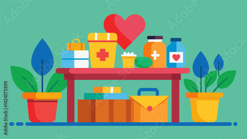 A display of donated items for those in need alongside the swapping tables showcasing the compassionate and supportive nature of the community.. Vector illustration