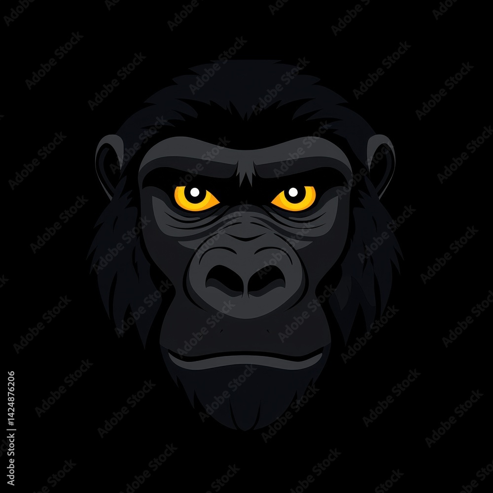 Digital illustration of a gorilla's face with glowing yellow eyes Digital illustration of a gorilla's face with glowing yellow eyes