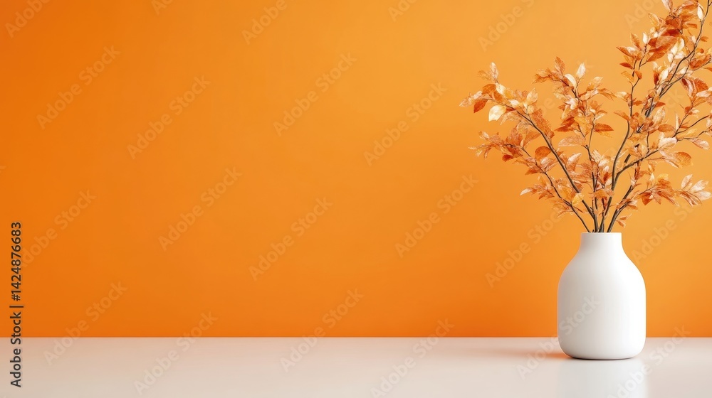 Minimalist autumnal arrangement on a plain orange background. A simple white vase holds dried, orange-toned branches Minimalist autumnal arrangement on a plain orange background. A simple white vase holds dried, orange-toned branches