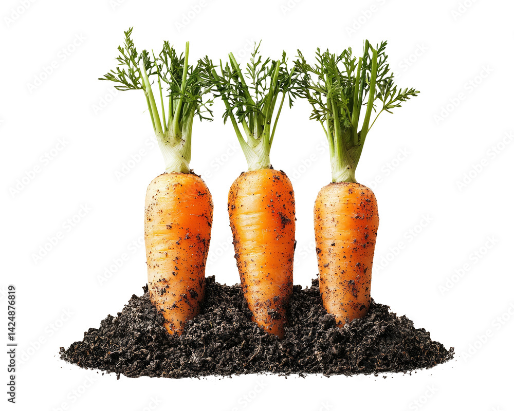Fresh Carrots with Green Tops Displayed on a Dark Soil Background