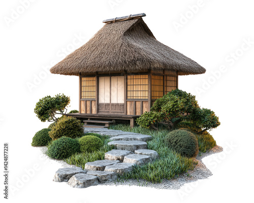 Obraz na płótnie Traditional Japanese House with Thatched Roof on Transparent Background w salonie
