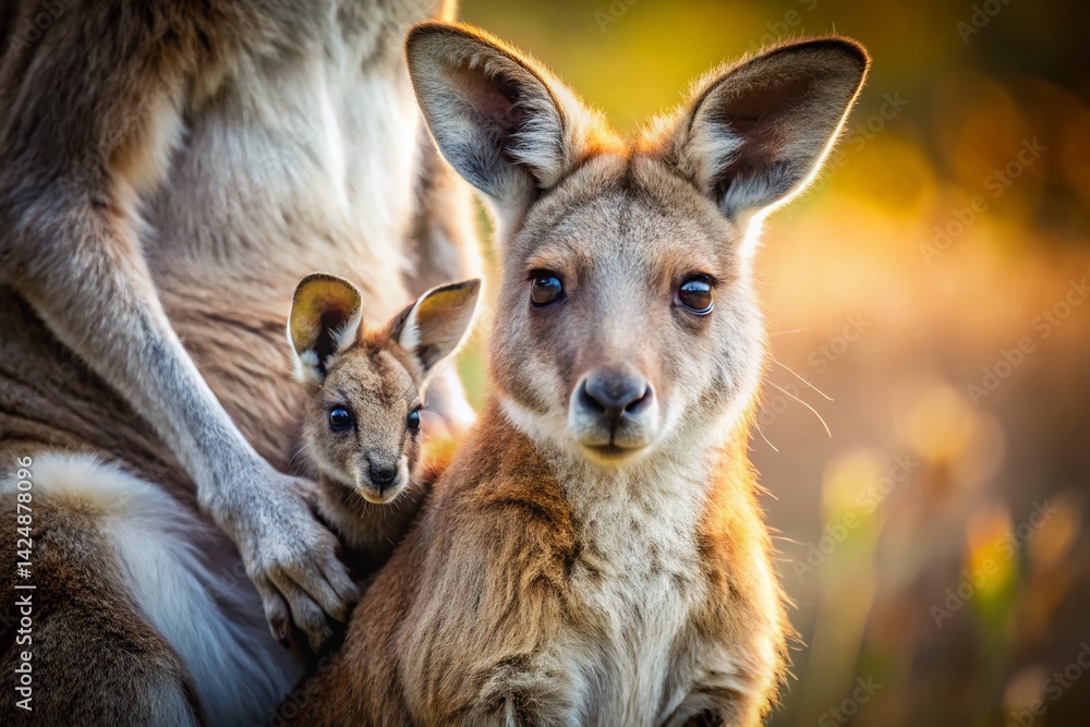 Fototapeta premium Joey Kangaroo in Pouch, Australian Wildlife Documentary Photography