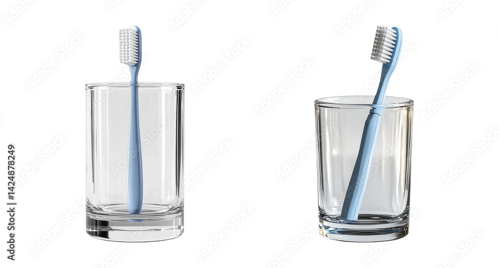 Simple Blue Toothbrush Standing in Glass on Transparent Background