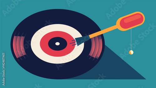 A record needle carefully glides onto a vinyl record the first few bars of the song filling the room and signaling the start of the listening ritual. Vector illustration